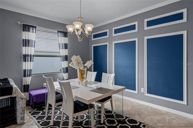 dining space featuring light tile patterned floors, a notable chandelier, and ornamental molding