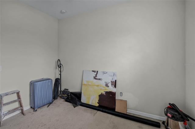 miscellaneous room featuring light colored carpet