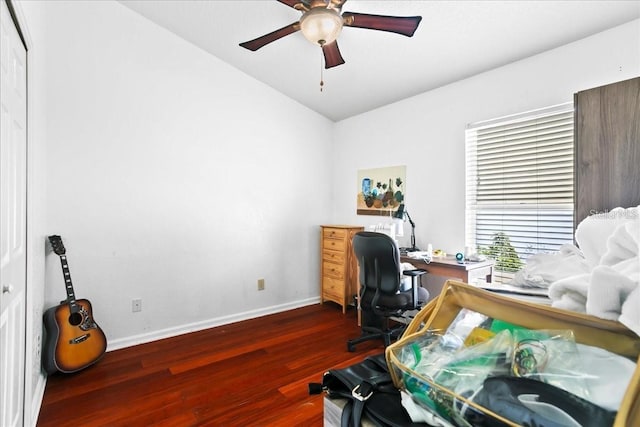 office space featuring ceiling fan, lofted ceiling, and dark hardwood / wood-style floors