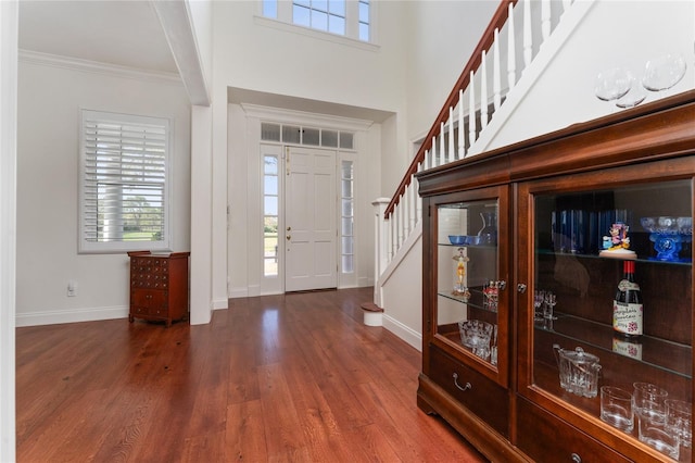 foyer entrance with ornamental molding, a towering ceiling, and dark hardwood / wood-style flooring