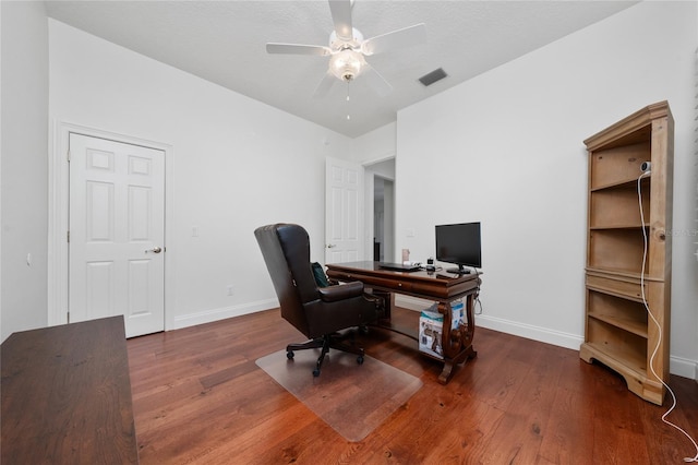 home office featuring dark wood-type flooring and ceiling fan