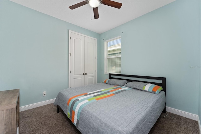 carpeted bedroom with a closet and ceiling fan