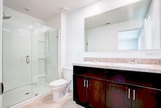 bathroom with vanity, toilet, a shower with shower door, and tile patterned flooring