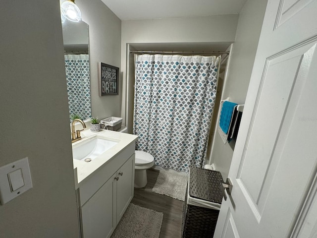 bathroom with vanity, wood-type flooring, and toilet