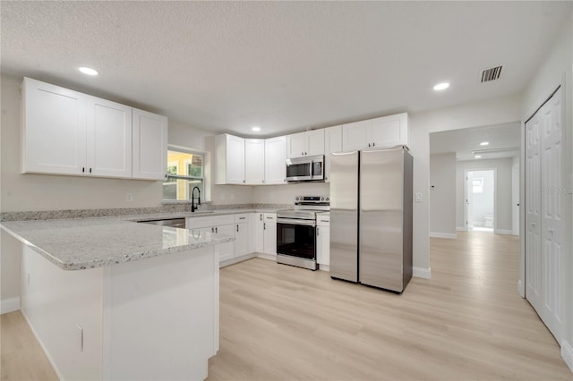 kitchen featuring white cabinetry, appliances with stainless steel finishes, kitchen peninsula, and light hardwood / wood-style flooring