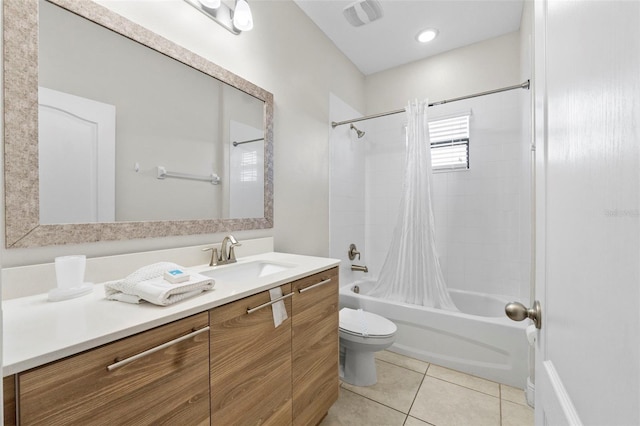 bathroom featuring toilet, visible vents, vanity, tile patterned floors, and shower / bathtub combination with curtain