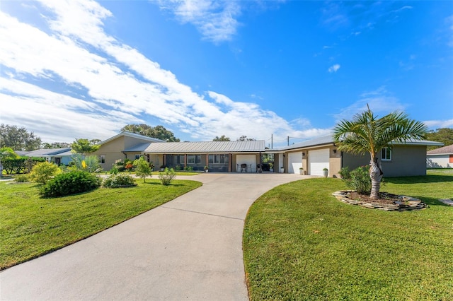 single story home with a garage and a front yard