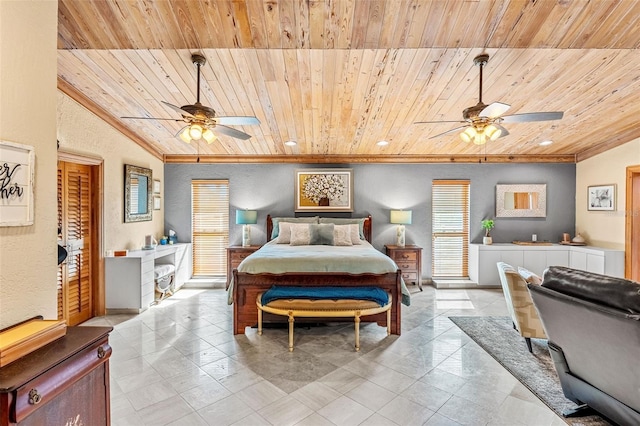 tiled bedroom with wood ceiling and vaulted ceiling