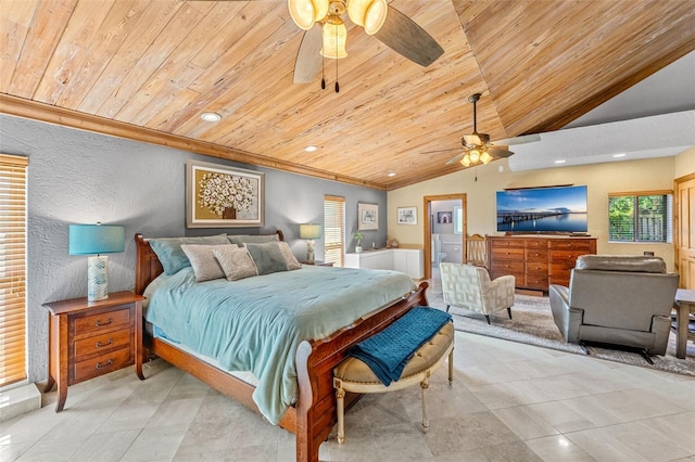 bedroom featuring lofted ceiling, wood ceiling, ceiling fan, and light tile patterned flooring