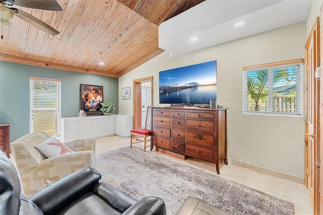 tiled living room featuring lofted ceiling, wooden ceiling, and ceiling fan