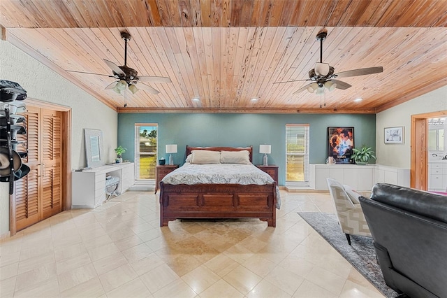 tiled bedroom with crown molding, multiple windows, and wooden ceiling