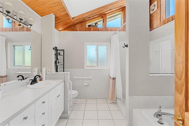 full bathroom with lofted ceiling, tile patterned floors, toilet, and a healthy amount of sunlight