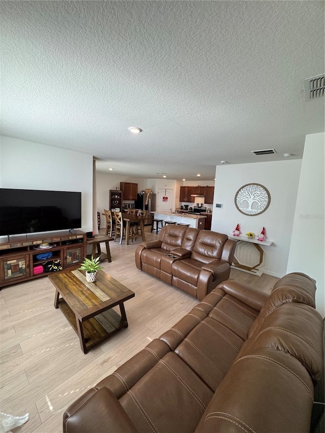 living room with light hardwood / wood-style flooring and a textured ceiling