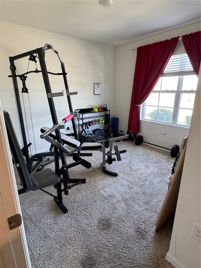 exercise room with a textured ceiling and carpet flooring