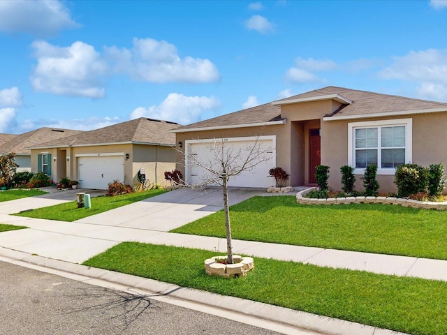 ranch-style house featuring driveway, roof with shingles, an attached garage, a front lawn, and stucco siding