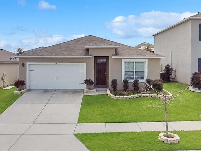 ranch-style home with a front yard, concrete driveway, an attached garage, and stucco siding