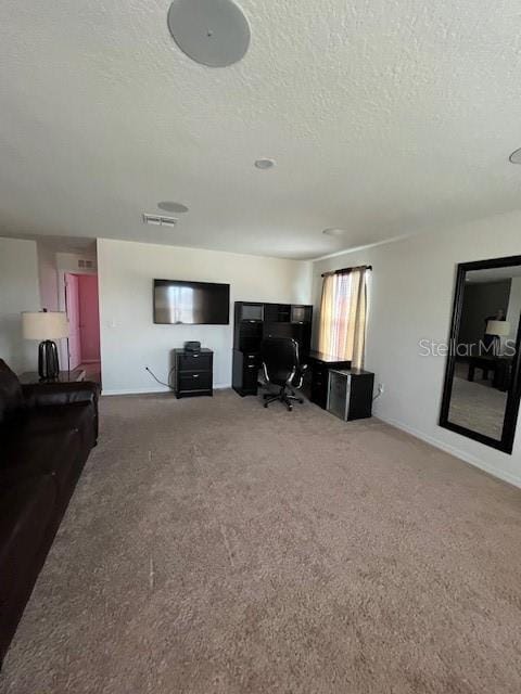 carpeted living room with a textured ceiling