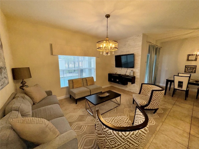 tiled living room with a chandelier