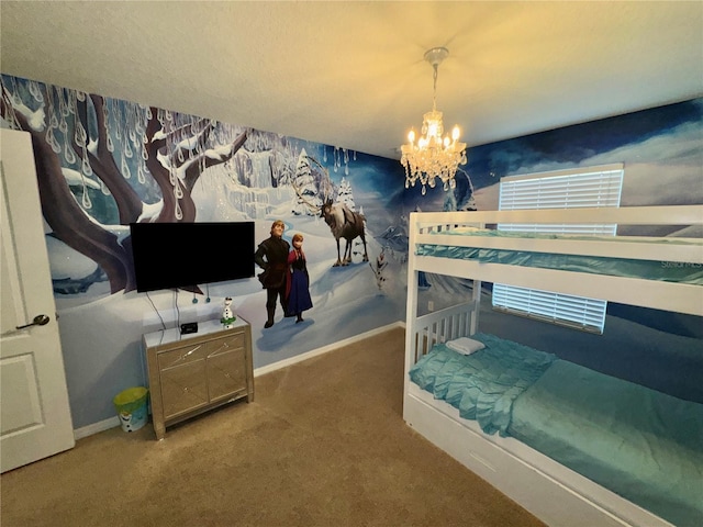 bedroom featuring an inviting chandelier and carpet flooring