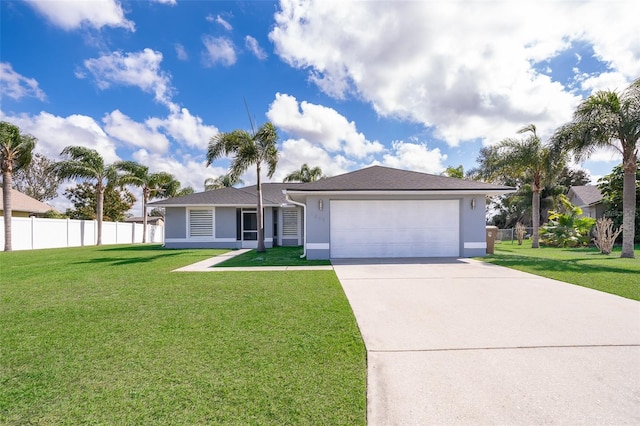 ranch-style home with a garage and a front lawn