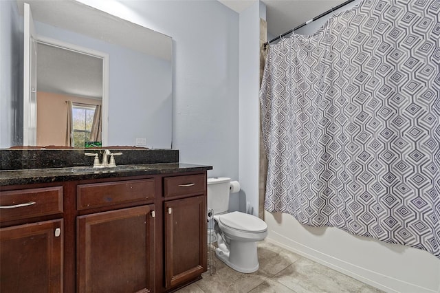 full bathroom with shower / tub combo, tile patterned flooring, vanity, and toilet