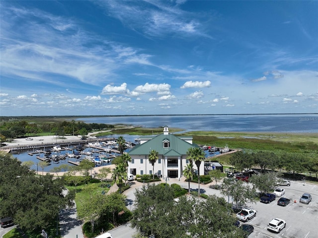 aerial view featuring a water view