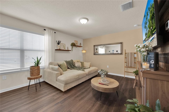 living room with dark wood-type flooring and a textured ceiling