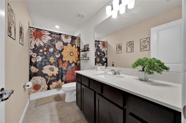 full bathroom with vanity, shower / bath combo, tile patterned floors, and toilet