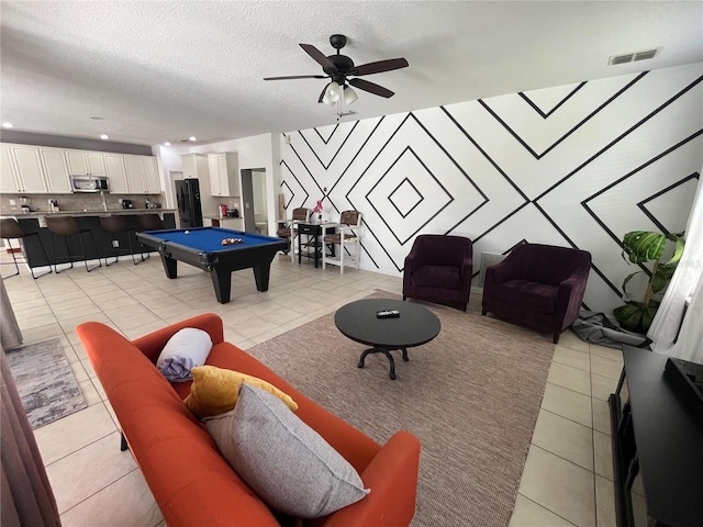 playroom with light tile patterned floors, a textured ceiling, recessed lighting, billiards, and visible vents