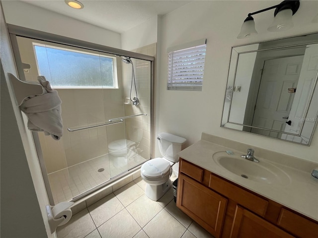 bathroom with a stall shower, tile patterned flooring, vanity, and toilet