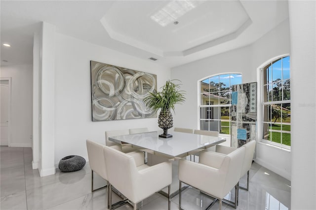 dining room featuring a healthy amount of sunlight and a tray ceiling