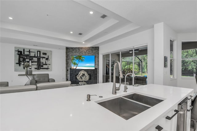 kitchen featuring a tray ceiling, sink, and a wealth of natural light