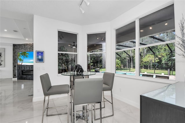 dining space featuring ceiling fan and a large fireplace