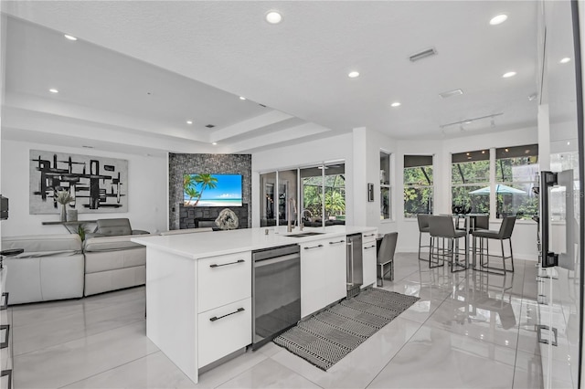 kitchen with sink, dishwasher, white cabinetry, an island with sink, and a raised ceiling