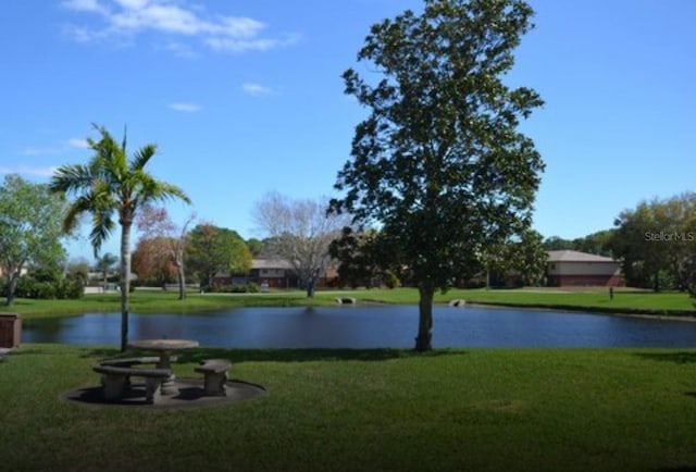 view of community with a water view and a lawn