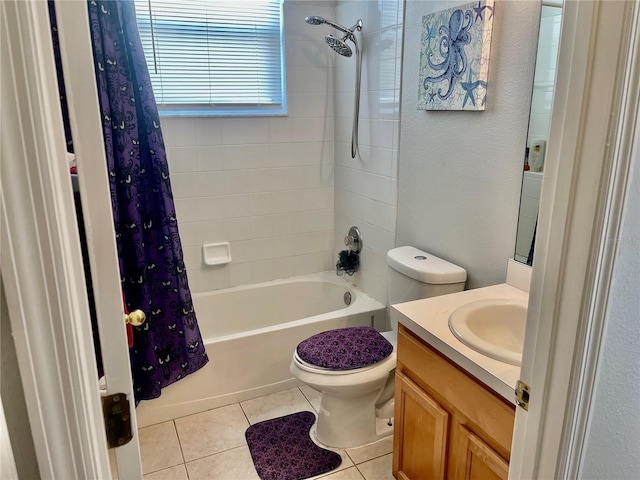 full bathroom with shower / bath combination with curtain, tile patterned floors, toilet, and vanity