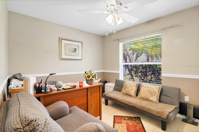 office with light tile patterned flooring and ceiling fan