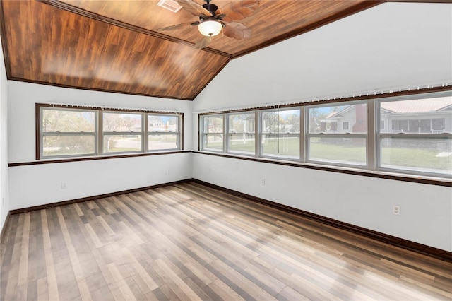 unfurnished sunroom with wood ceiling, ceiling fan, and lofted ceiling