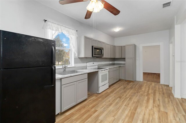 kitchen with sink, black refrigerator, gray cabinetry, white range with electric stovetop, and light wood-type flooring