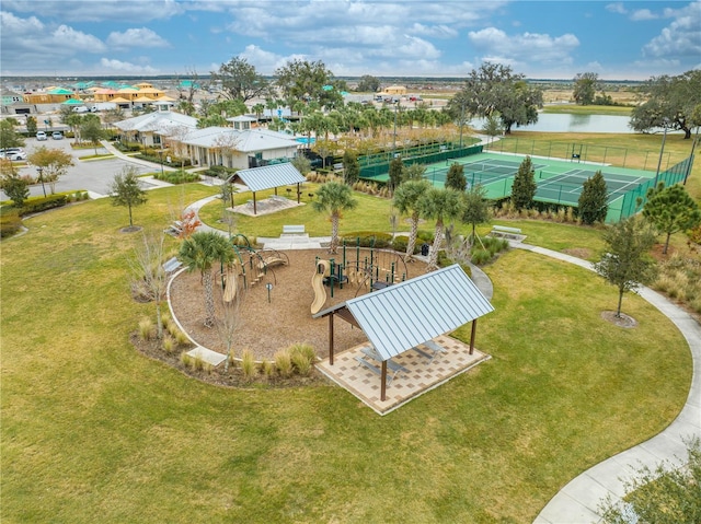 drone / aerial view with a water view