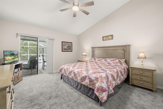 carpeted bedroom featuring ceiling fan, vaulted ceiling, and access to outside