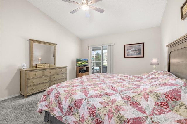 bedroom featuring lofted ceiling, light carpet, access to exterior, and ceiling fan