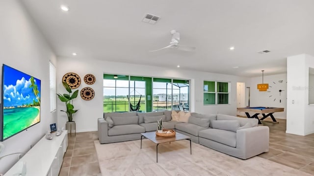 living room with ceiling fan, light tile patterned floors, recessed lighting, billiards, and visible vents