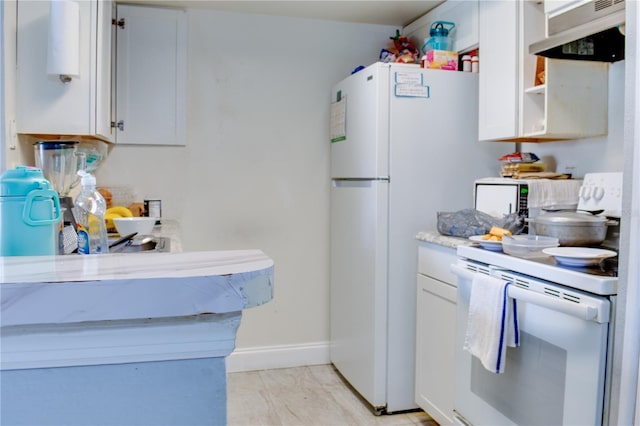 kitchen with white appliances, baseboards, white cabinets, extractor fan, and open shelves