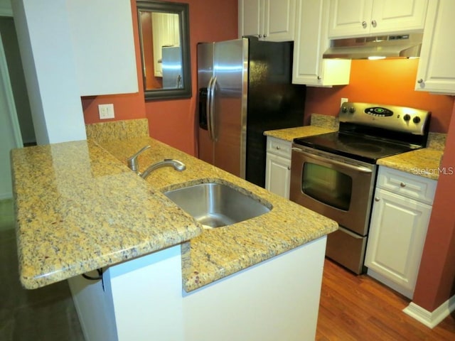 kitchen with under cabinet range hood, a sink, stainless steel appliances, a peninsula, and white cabinets