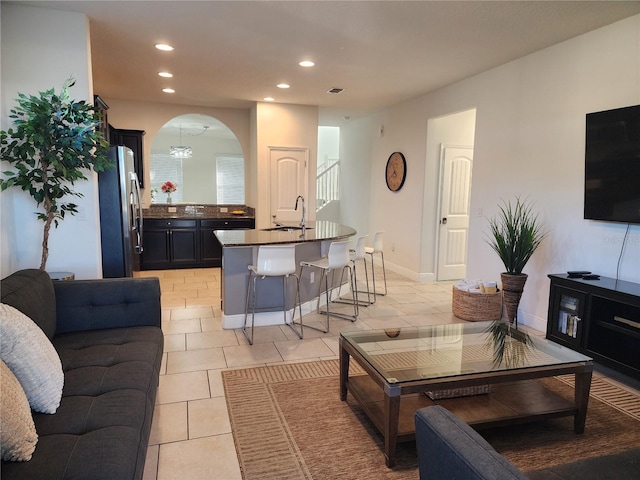 tiled living room with sink