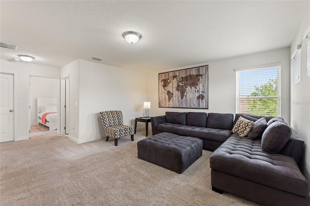 carpeted living room featuring a textured ceiling