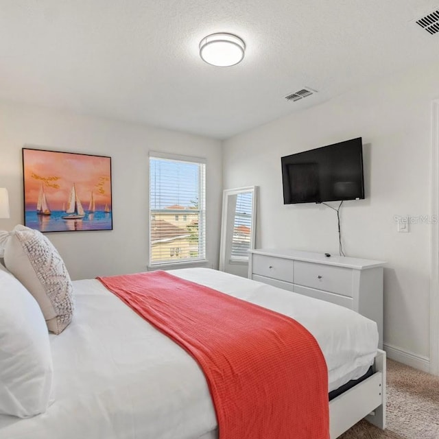 carpeted bedroom with a textured ceiling