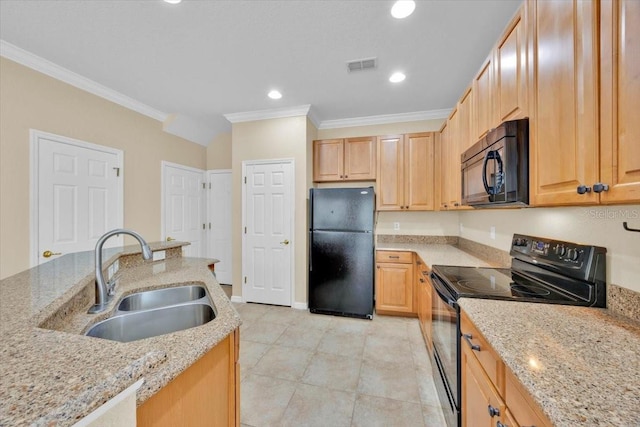 1518 Orrington Payne Pl, Casselberry, FL 32707 - kitchen with a sink, crown molding, visible vents, light stone countertops, and black appliances