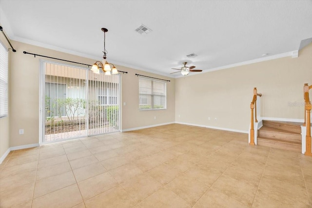 1518 Orrington Payne Pl, Casselberry, FL 32707 - unfurnished living room featuring stairs, crown molding, visible vents, and ceiling fan with notable chandelier